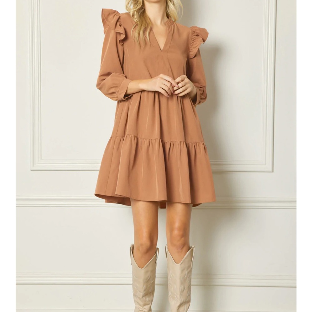 🆕 Ruffled Long Sleeve Tiered Dress in Camel